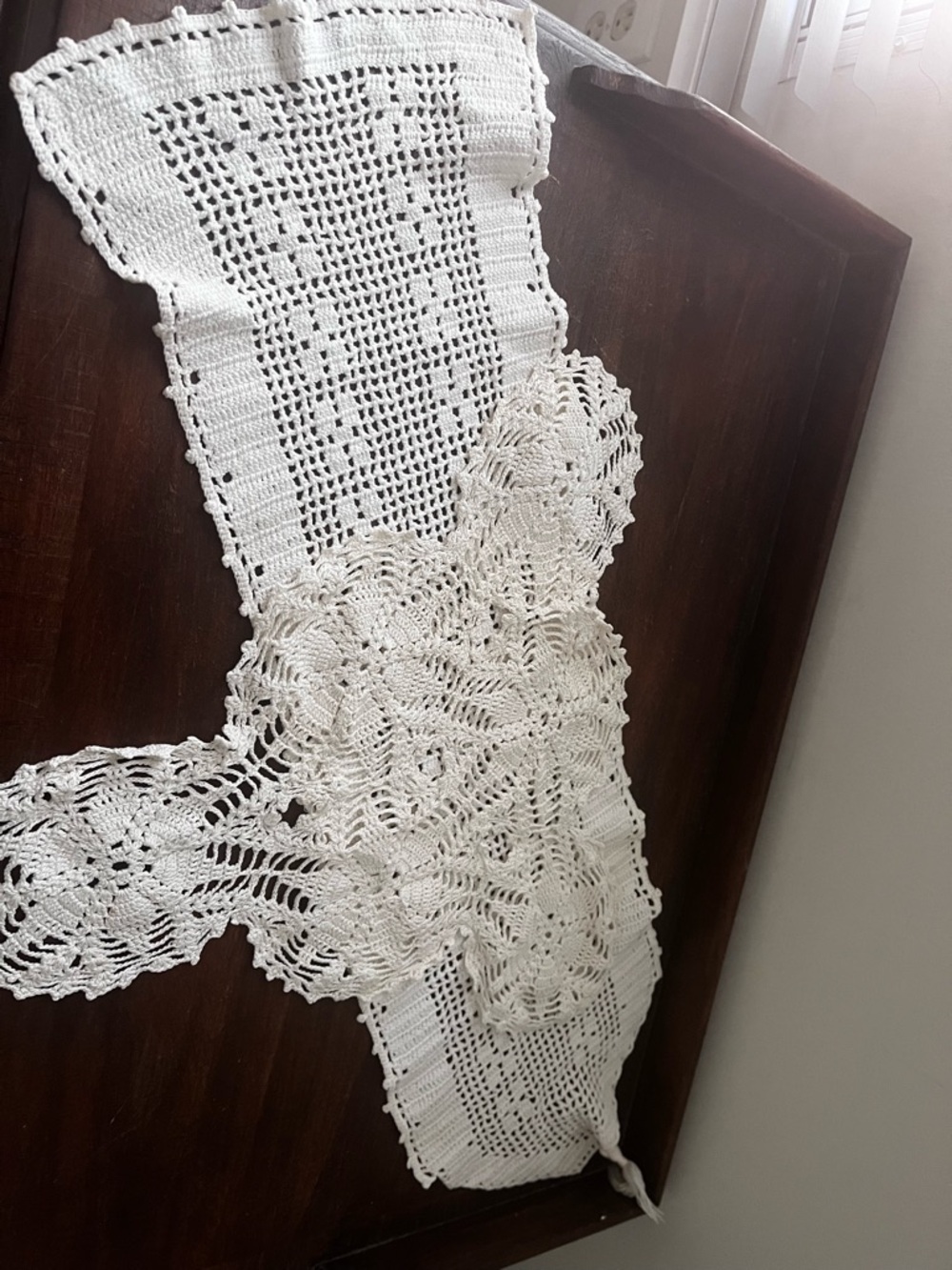 2 Handmade Crochet Doilies: Table Runner & Triangle Shaped one